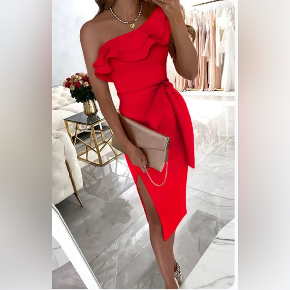Red one shoulder ruffle dress. Never worn.